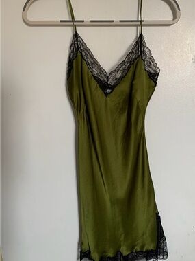 Burberry Olive Green Satin Slip with Black Lace Trim